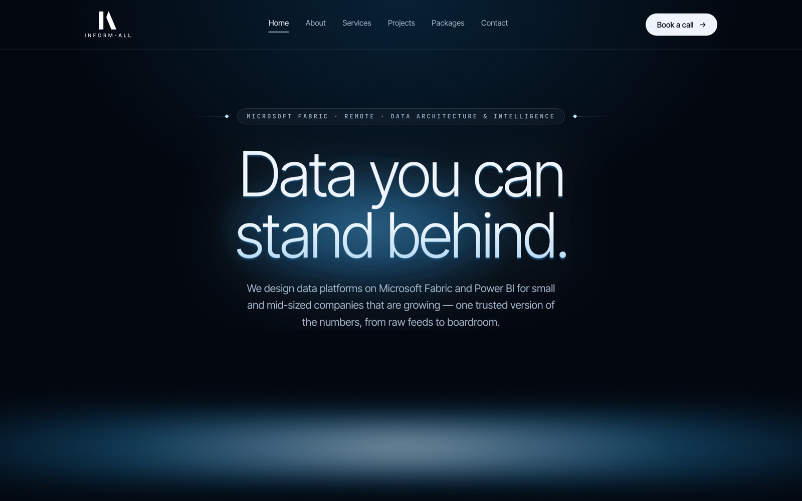 Inform-All homepage: dark navy hero reading Data you can stand behind